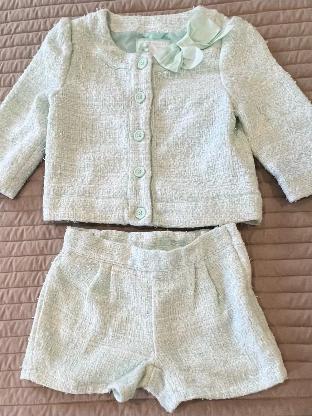 Janie and Jack Mint Tweed Jacket & Shorts Set with Bow